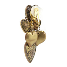 Load image into Gallery viewer, Vintage Multi Heart Brass Tone and Printed Drop Earrings c. 1970&#39;s-( Clip-on Earrings)