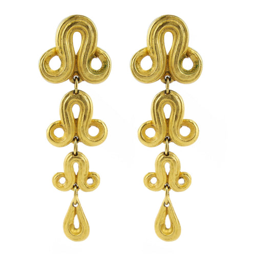 Stunning Cascading Painterly Motif Drop Vintage Gold Tone Earrings c.1970s (Clip-On Earrings)