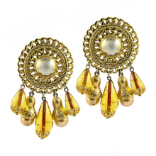 Load image into Gallery viewer, Circular Gold Tone Disc With Glass Beads Drop Tassel &amp; Faux Pearl Earrings c.1970s (Clip-On Earrings)