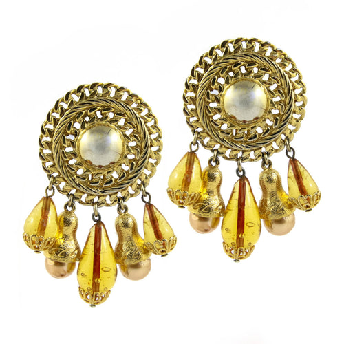 Circular Gold Tone Disc With Glass Beads Drop Tassel & Faux Pearl Earrings c.1970s (Clip-On Earrings)