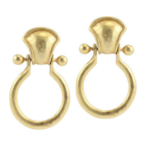 Signed Matte Gold Tone Door Knocker Vintage D.K.N.Y Clip-On Earrings c.1990s