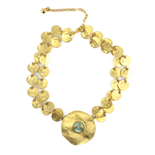 Vintage Pauline Rader Beaten Gold Tone Disc & Turquoise Feature Pendant Necklace