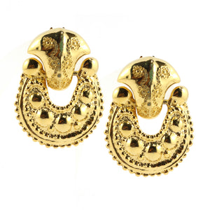 Polished Gold Tone Textured & Patterned Door Knocker Inspired Clip-On Earrings c.1980s