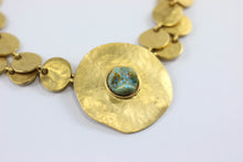 Load image into Gallery viewer, Vintage Pauline Rader Beaten Gold Tone Disc &amp; Turquoise Feature Pendant Necklace