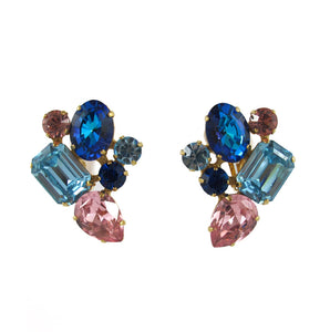 HQM Austrian Crystal Earrings - Abstract Cluster - Light Sapphire, Light Rose and Bermuda Blue