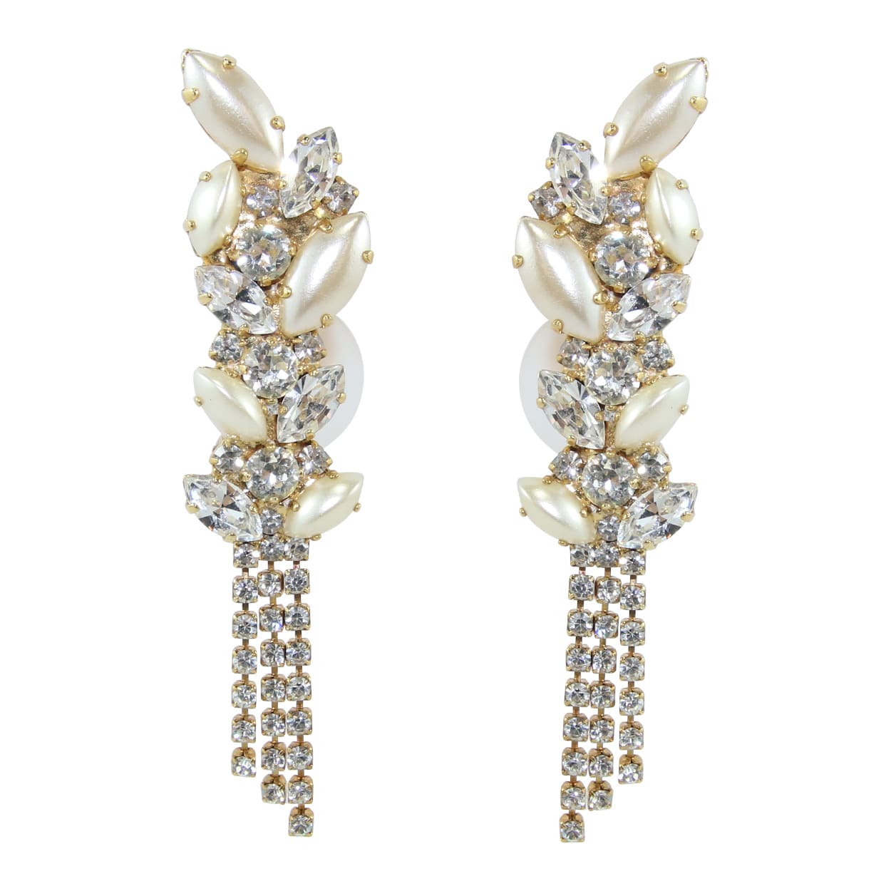 HQM Austrian Clear Crystal & Faux Pearl climber tassel earrings (clip on)