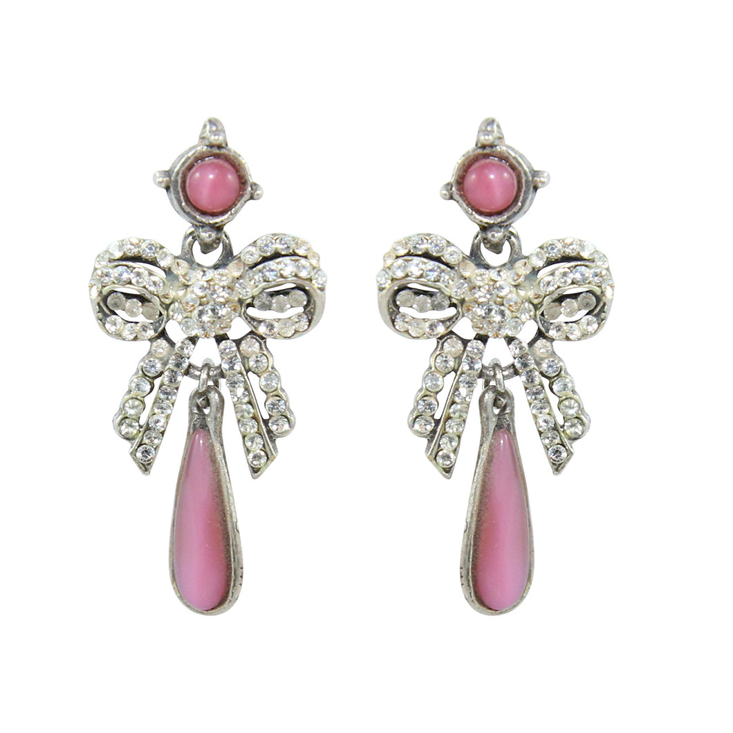 HQM Austrian Clear Crystal Delicate Pink Drop Bow Earrings (Pierced)