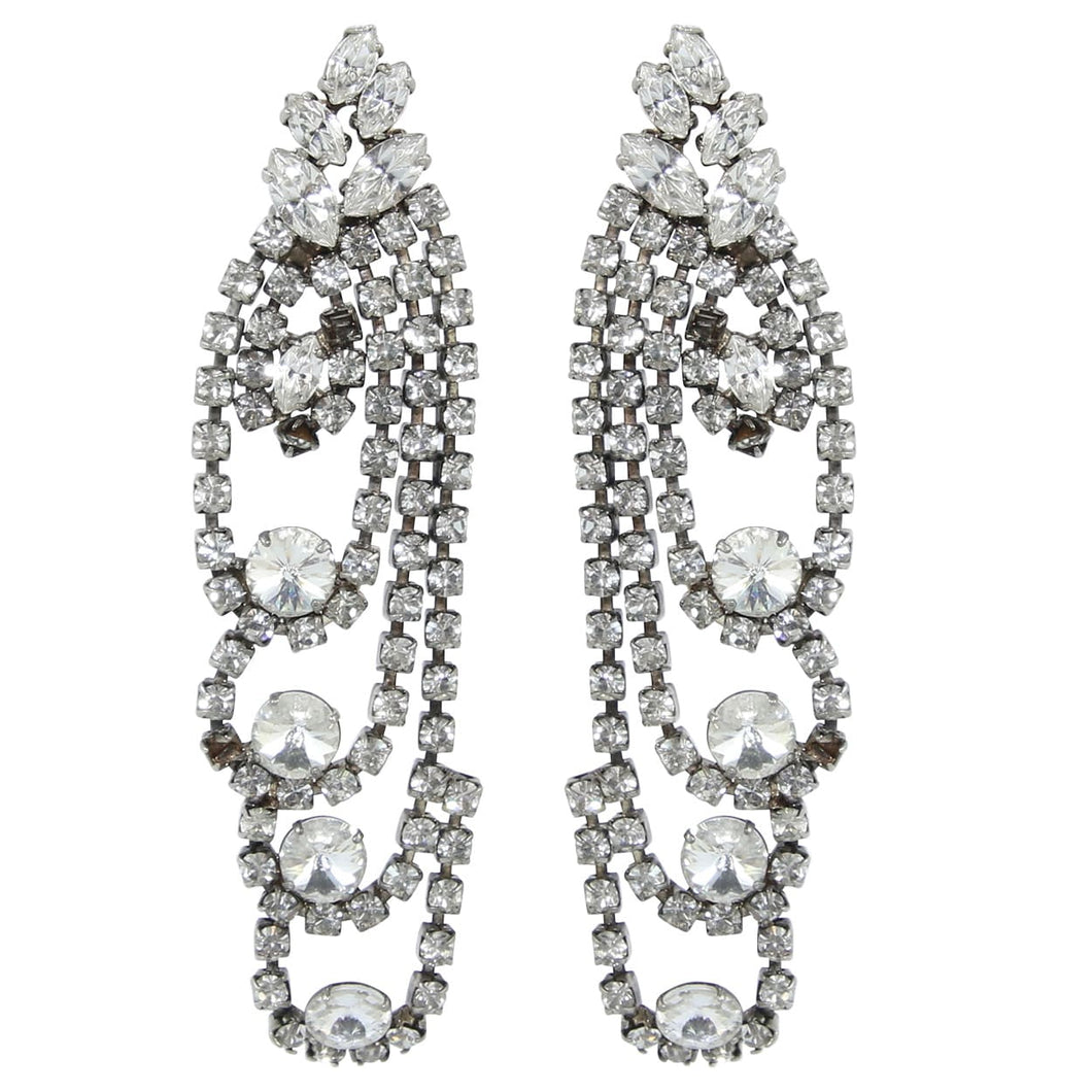 HQM Austrian Clear Crystal Multi-Layered Statement Deco Style Earrings (Clip-on)