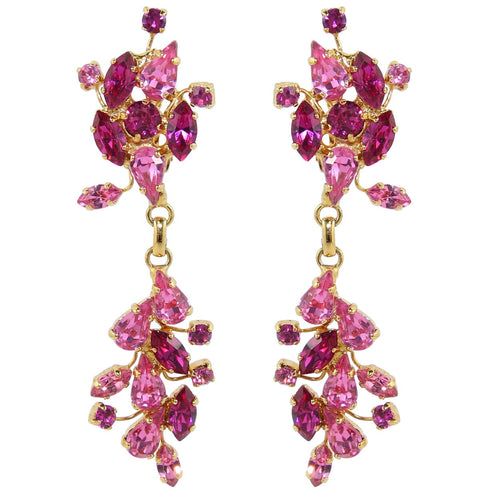 HQM Austrian Crystal Leaf Design Drop Earrings - Fuchsia Rose Pink (Clip-on)