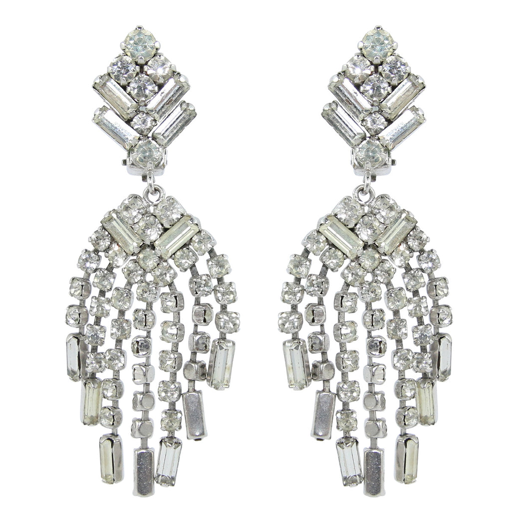 HQM Austrian Crystal Rhinestone Deco Style Waterfall Cluster Earrings - Clear Crystal (Clip-on)