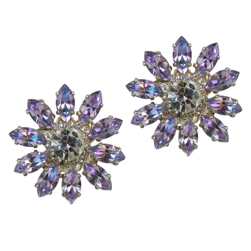 HQM Light Amethyst & Clear Crystal Daisy Earrings (Clip-On)