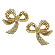 Load image into Gallery viewer, HQM Gold Tone &amp; Clear Crystal Rhinestone Swinging Bow Earrings (Clip-On)