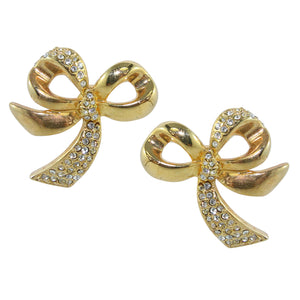 HQM Gold Tone & Clear Crystal Rhinestone Swinging Bow Earrings (Clip-On)