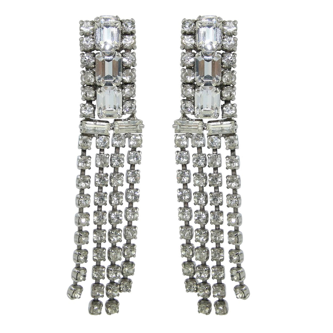 HQM Austrian Clear Crystal Rhinestone Cuff & Tassel Earrings (Clip-On)