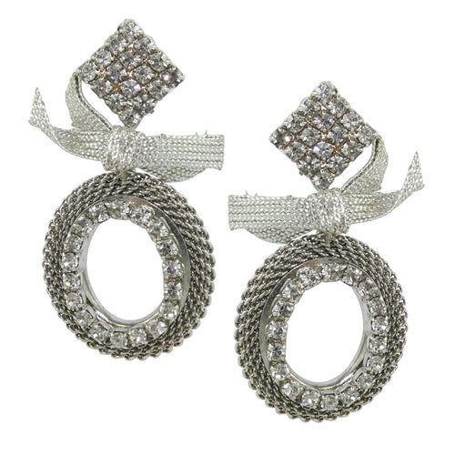 HQM Silver Tone Mesh & Ribbon Hoop Drop Earrings (Clip-On)
