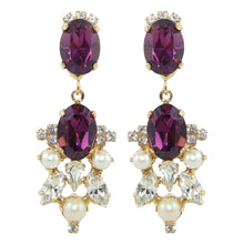 Load image into Gallery viewer, HQM Drop Faux Pearl, Clear Crystal &amp; Amethyst Earrings (Clip-On)