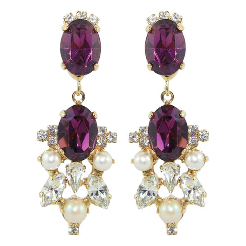 HQM Drop Faux Pearl, Clear Crystal & Amethyst Earrings (Clip-On)