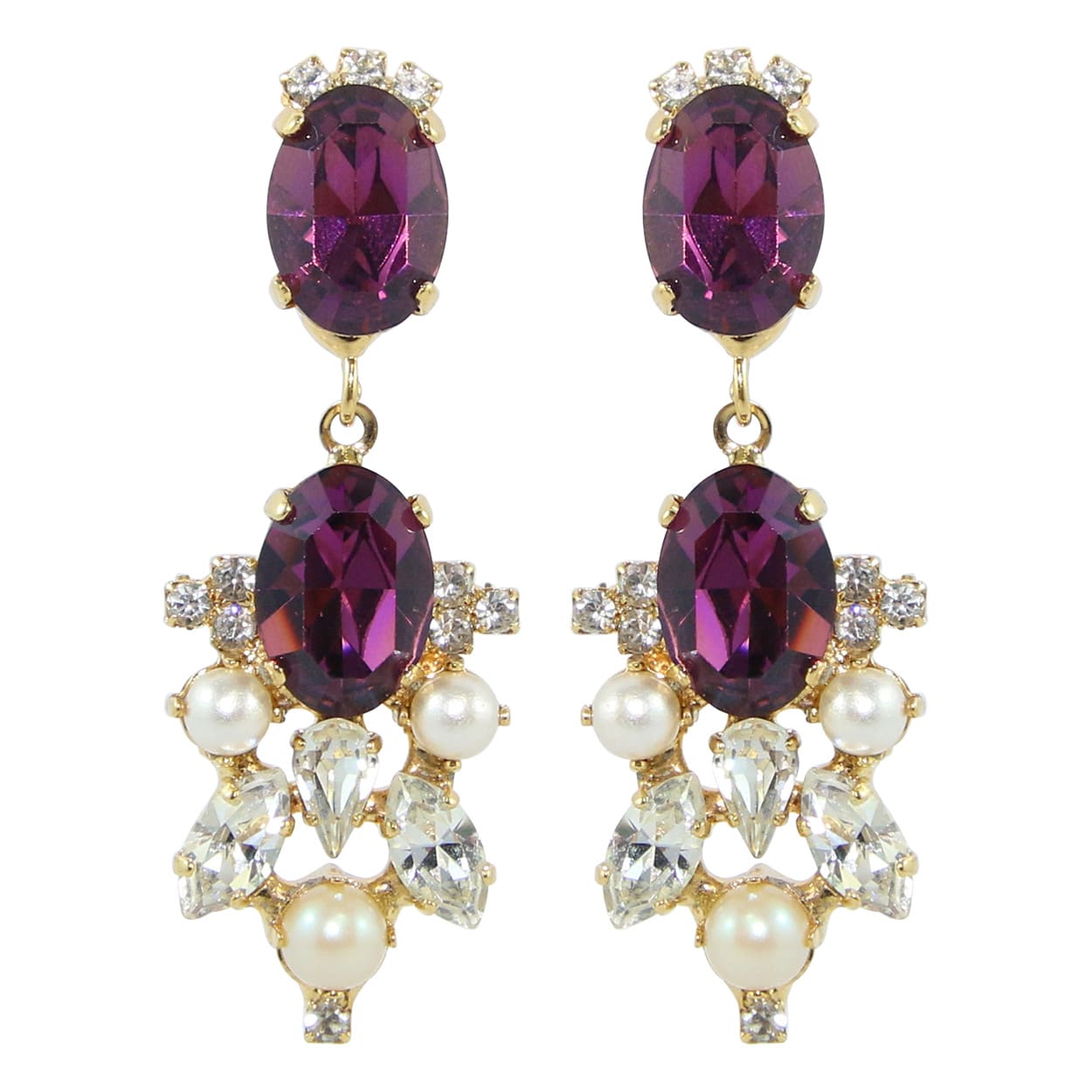HQM Drop Faux Pearl, Clear Crystal & Amethyst Earrings (Clip-On)