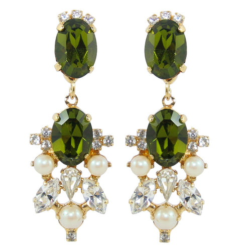 HQM Drop Faux Pearl, Clear & Olivine Crystal Earrings (Clip-On)