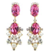 Load image into Gallery viewer, HQM Drop Faux Pearl, Clear &amp; Rose Crystal Earrings (Clip-On)
