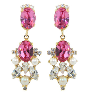 HQM Drop Faux Pearl, Clear & Rose Crystal Earrings (Clip-On)