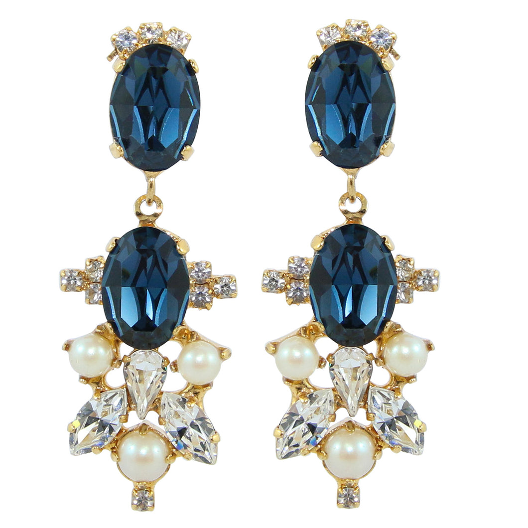 HQM Drop Faux Pearl, Clear & Metallic Blue Crystal Earrings (Pierced)
