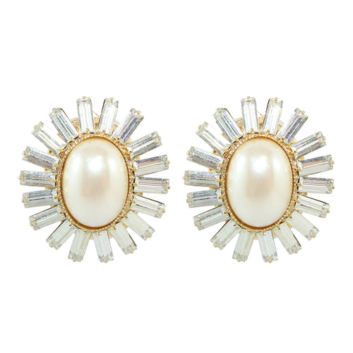 HQM Faux Pearl & Clear Crystal Spike Earrings (Clip-On)