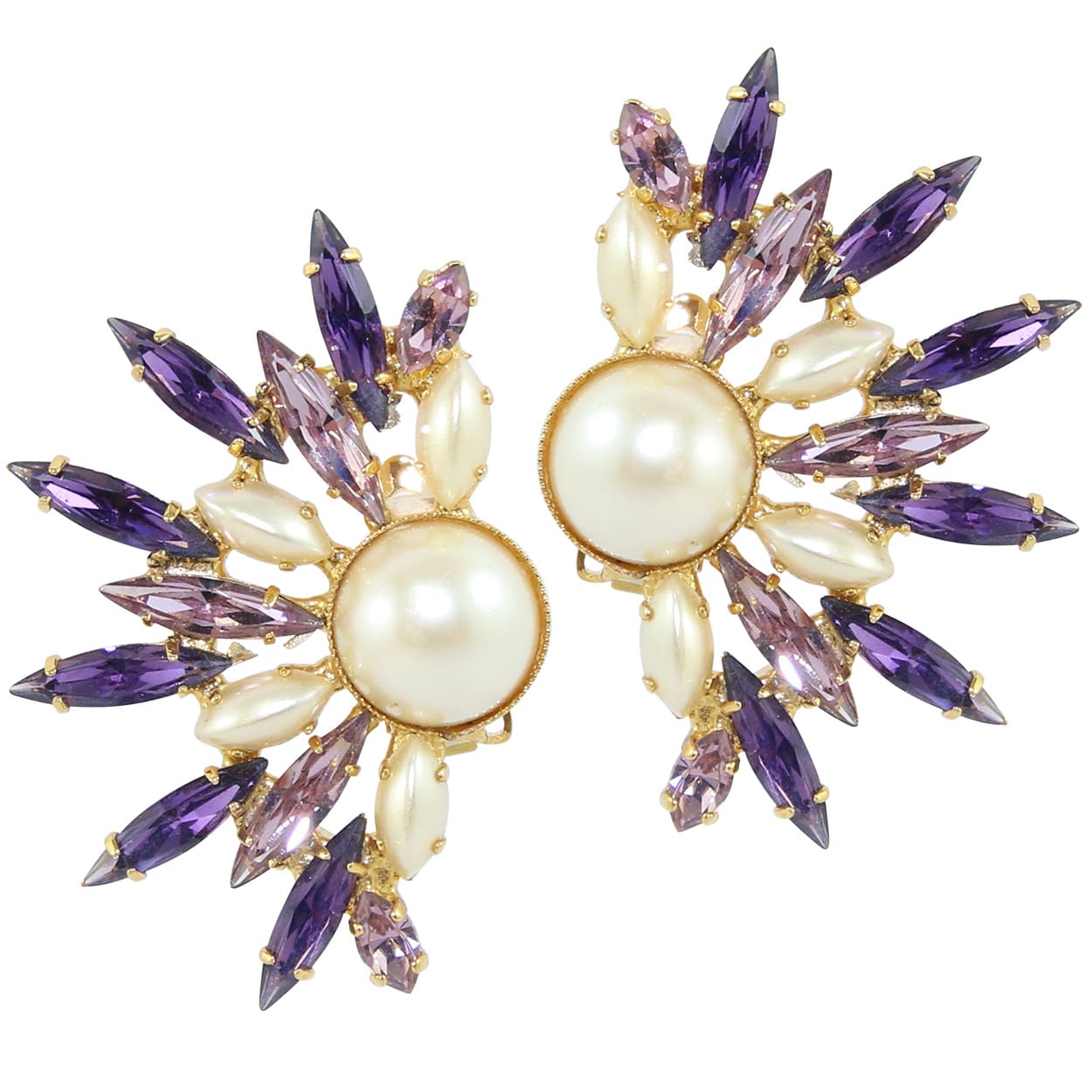 HQM Dramatic Faux Pearl, Light Amethyst & Amethyst Spike Cuff Earrings (Clip-On)