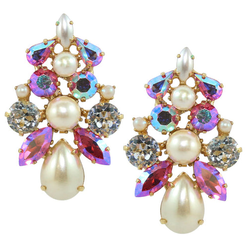 HQM Large Cluster Austrian Crystal Aurore Boreale, Clear Crystal & Faux Pearl (Clip-On)