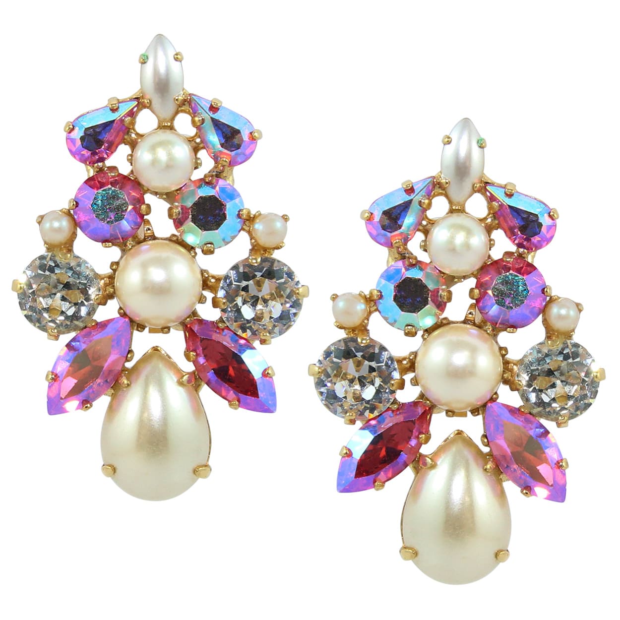 HQM Large Cluster Austrian Crystal Aurore Boreale, Clear Crystal & Faux Pearl (Clip-On)