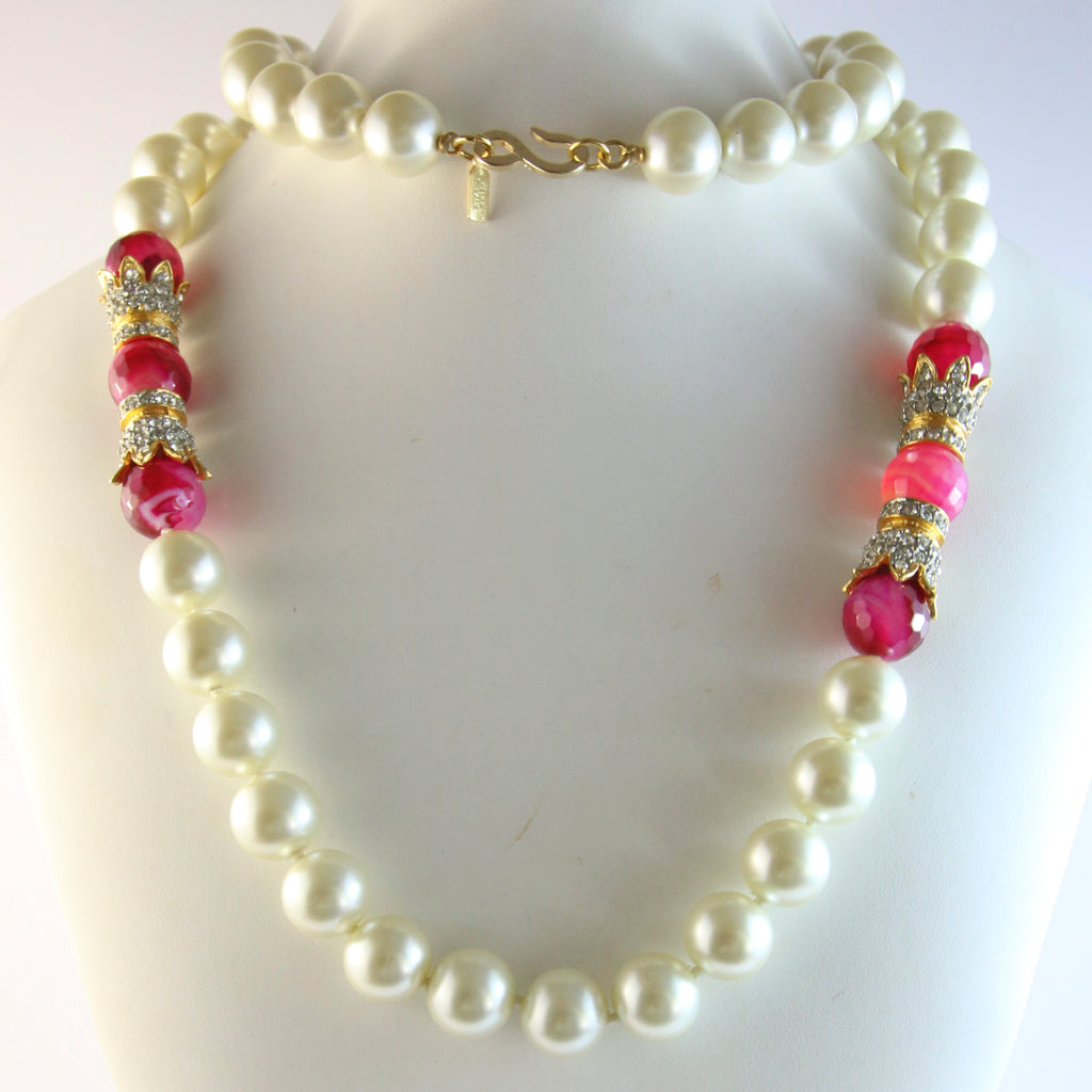 Signed Kenneth Jay Lane Faux Pearl Vintage Necklace With Pink Beads & Crystal Rhinestones