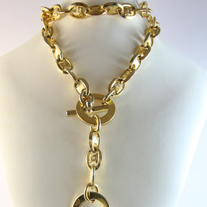 Vintage Signed Gold Tone "Celine Paris" Etched Chain Link Toggle Necklace c.1990s