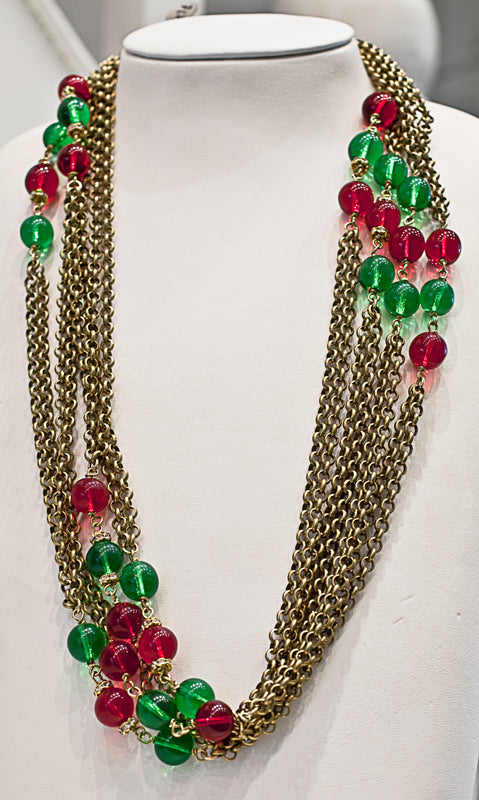 French vintage multi strand glass bead chain necklace c. 1950