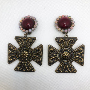 Vintage Oxidised Metal with Resin Stone Detail Maltese Cross Earrings (Clip-On)