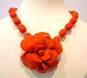 Pate-de-Verre (Hand-poured-glass) Coral Camelia Statement Necklace