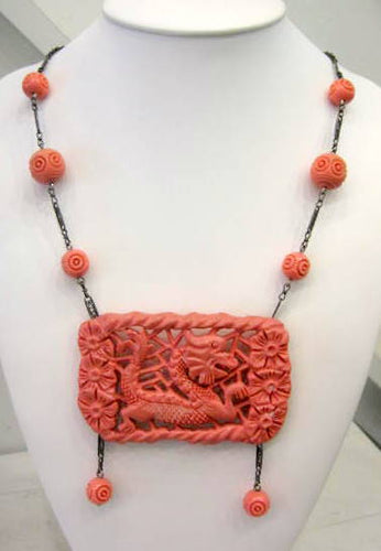 Art Deco carved coral Galalith necklace detailed and stunning c.1930's - Harlequin Market