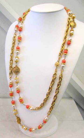 Signed Chanel Coral and Pearl Sautoir