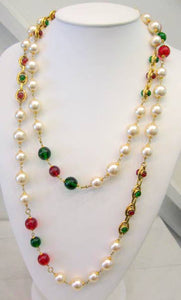 Signed Chanel Pearl and Red and Green Pate-de-verre Sautoir