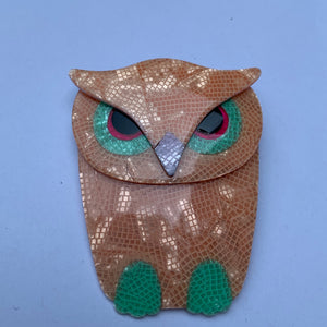 Lea Stein Signed Buba Owl Brooch Pin - Pastel Orange & Green