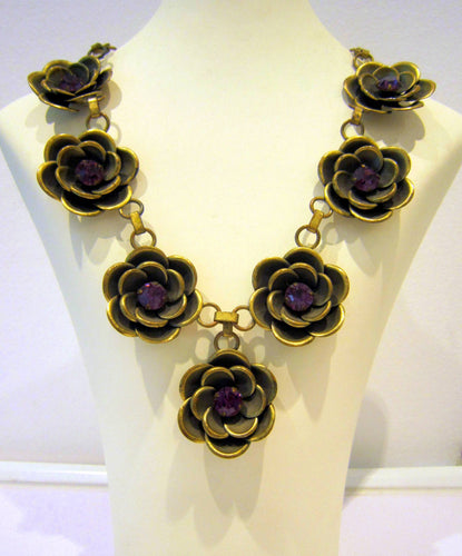 Vintage Amethyst Crystal & Antique Gold Flower Necklace