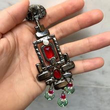 Load image into Gallery viewer, Lawrence VRBA Signed Large Statement Crystal Earrings - Light Siam Red, Peridot Green (clip-on)