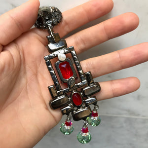 Lawrence VRBA Signed Large Statement Crystal Earrings - Light Siam Red, Peridot Green (clip-on)