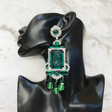 Load image into Gallery viewer, Lawrence VRBA Signed Large Statement Crystal Princess Earrings - Green, Clear (clip-on)