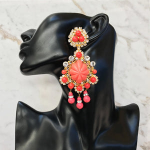Lawrence VRBA Signed Large Statement Crystal Earrings - Coral & Gold (clip-on)