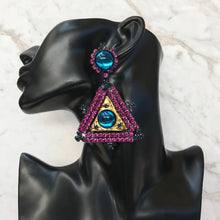 Load image into Gallery viewer, Lawrence VRBA Signed Large Statement Crystal Earrings -Fuchsia Pink, Electric Blue (clip-on)