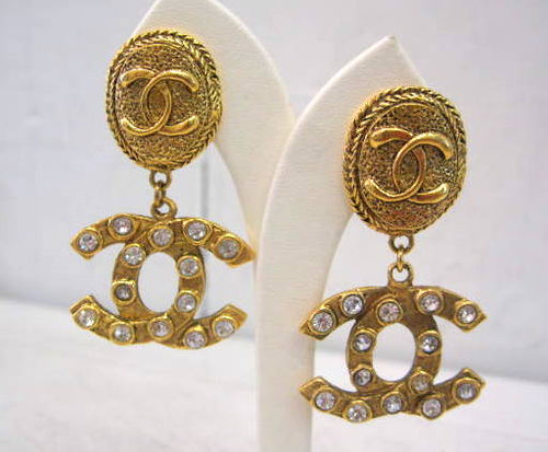 Signed Chanel Gold Logo Drop Earrings