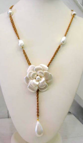 Signed Chanel Pearl Camellia Drop Necklace