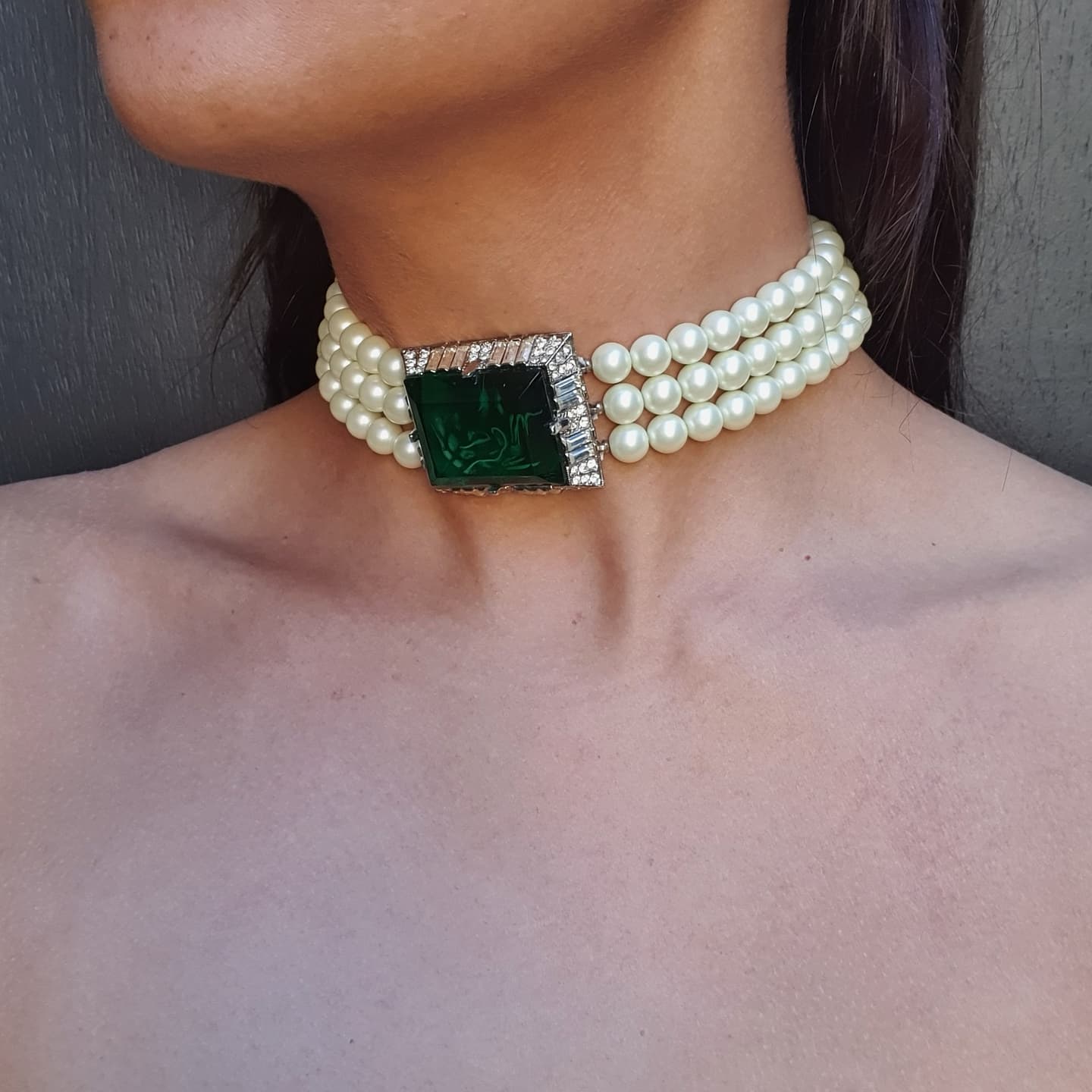 Signed Kenneth Jay Lane Faux Pearl Triple Strand Emerald Green Pendant Necklace