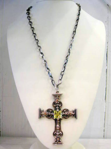 William Griffiths Silver Cross Necklace with Citrine and Topaz Coloured Stone Embellishments