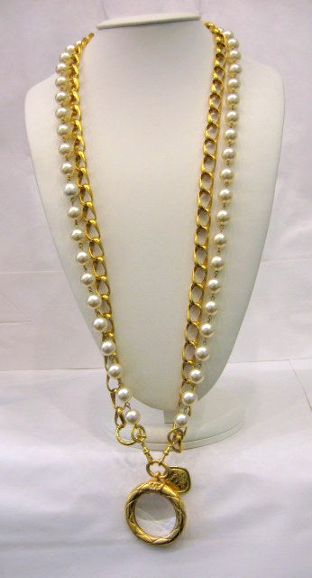 Chanel Sautoir Pearl & Gold Chain with Magnifying Glass Pendant - Harlequin Market